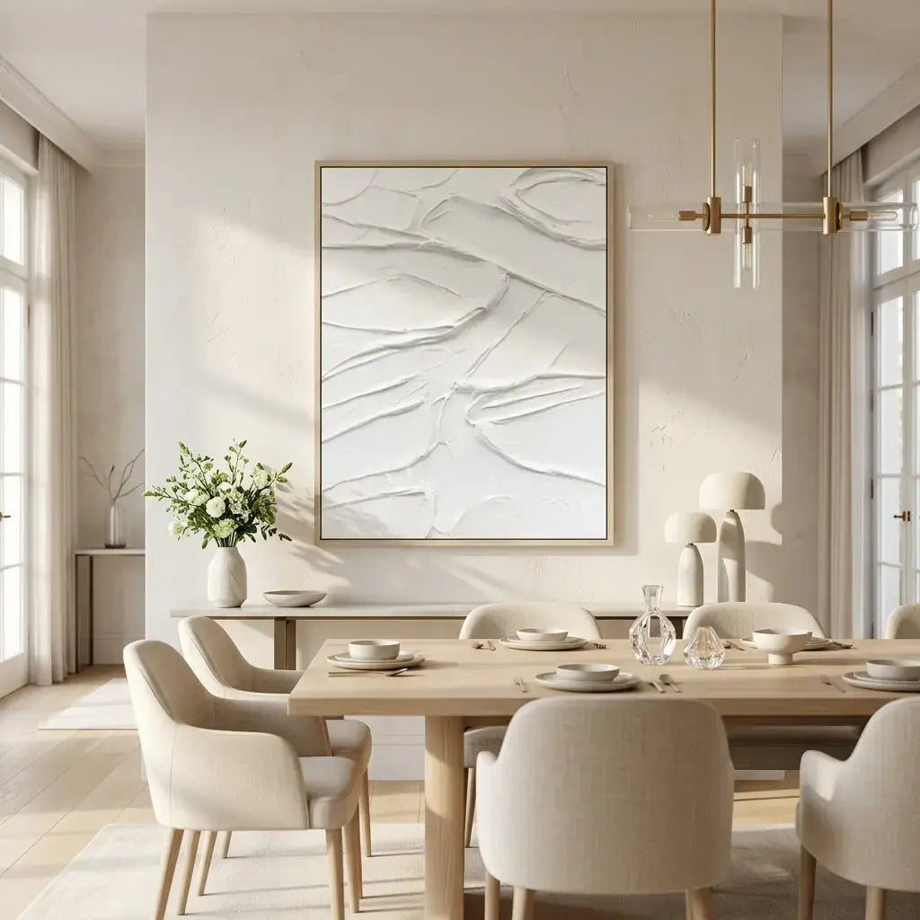 Modern dining room with a marble-patterned painting on the wall.