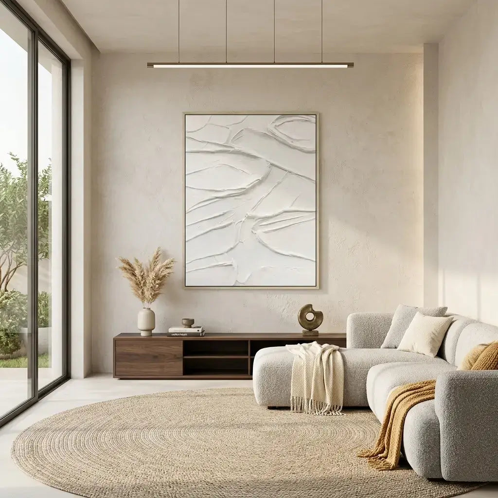 Modern living room with a gray sofa, wooden coffee table, and abstract artwork on the wall.