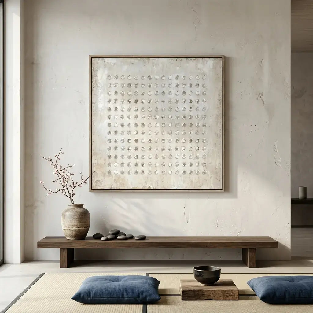 Modern interior with a wooden bench, decorative vase, and abstract artwork on a light wall.