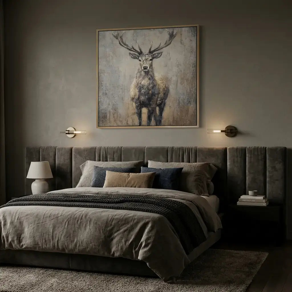 Modern bedroom with gray upholstered bed, decorative pillows, and a large framed painting of a deer on the wall.