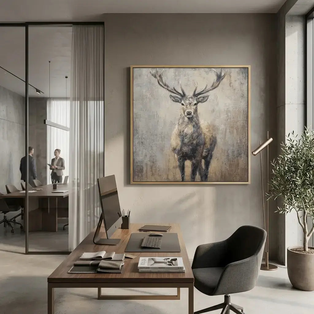 Modern office interior with a deer painting on the wall