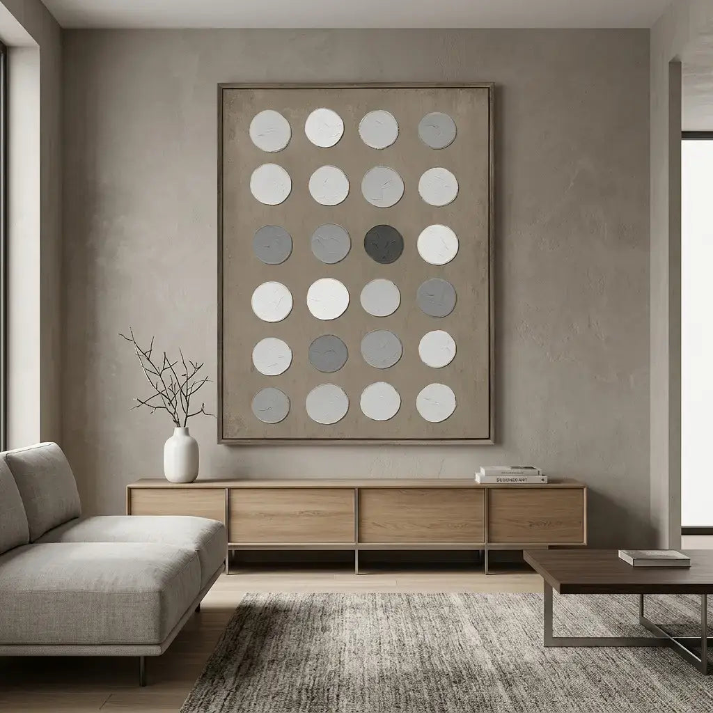 Modern living room with a geometric wall art piece and minimal furniture.