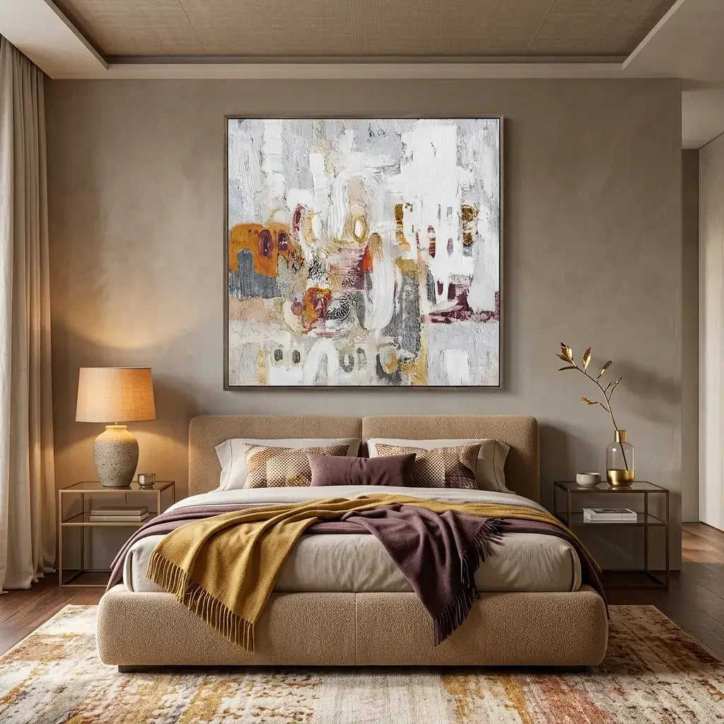 Modern bedroom with a large abstract painting on the wall, bed with pillows and blankets, and side tables with lamps.