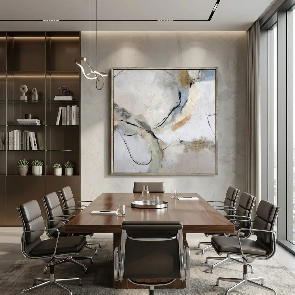 Modern conference room with wooden table, chairs, and abstract art on the wall.