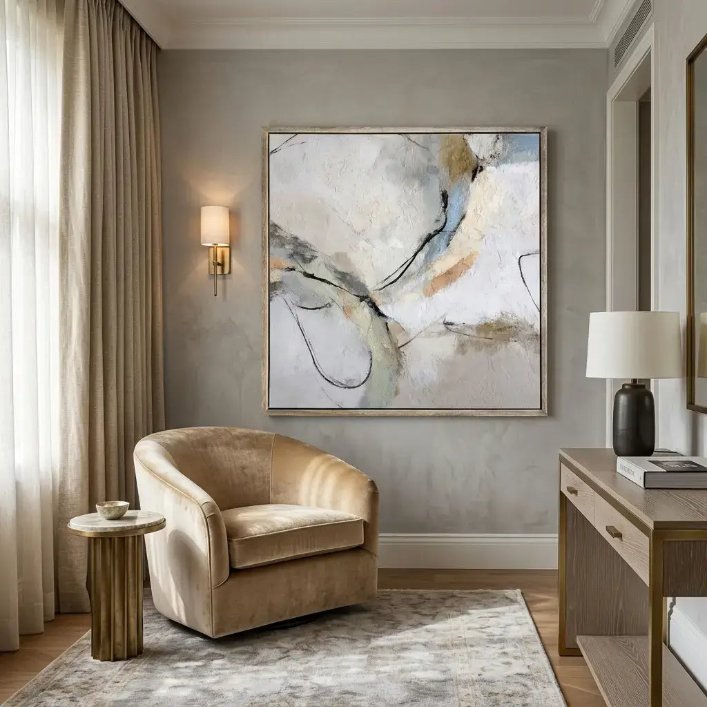 Modern living room with a beige armchair, abstract painting, and side table.