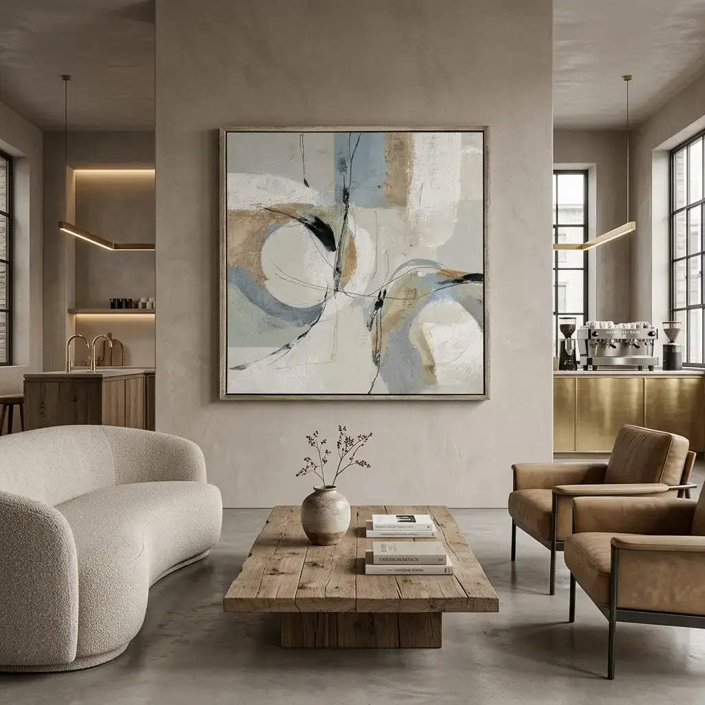 Modern living room with abstract art, furniture, and decor.