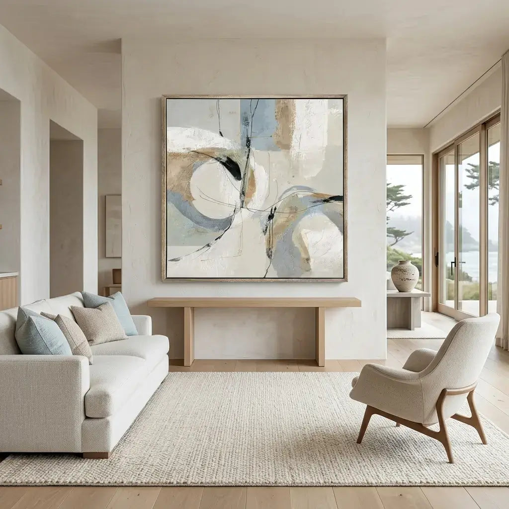 Modern living room with a large abstract painting on the wall, a sofa, and a chair.