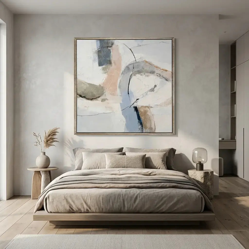 Modern bedroom with abstract art on the wall, bed, and side tables.