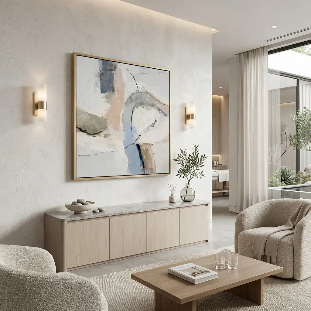 Modern living room with abstract art, furniture, and decor