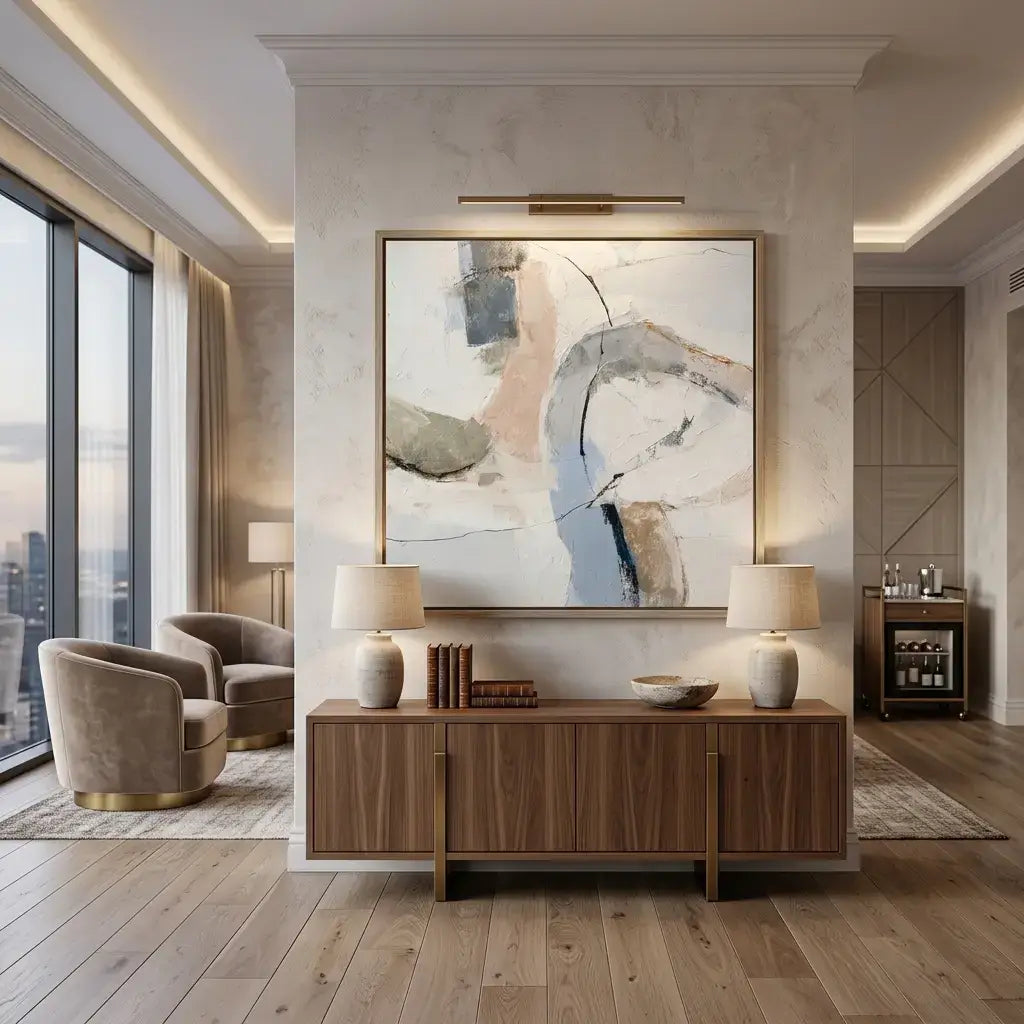 Modern living room with abstract art, wooden console table, and armchairs.
