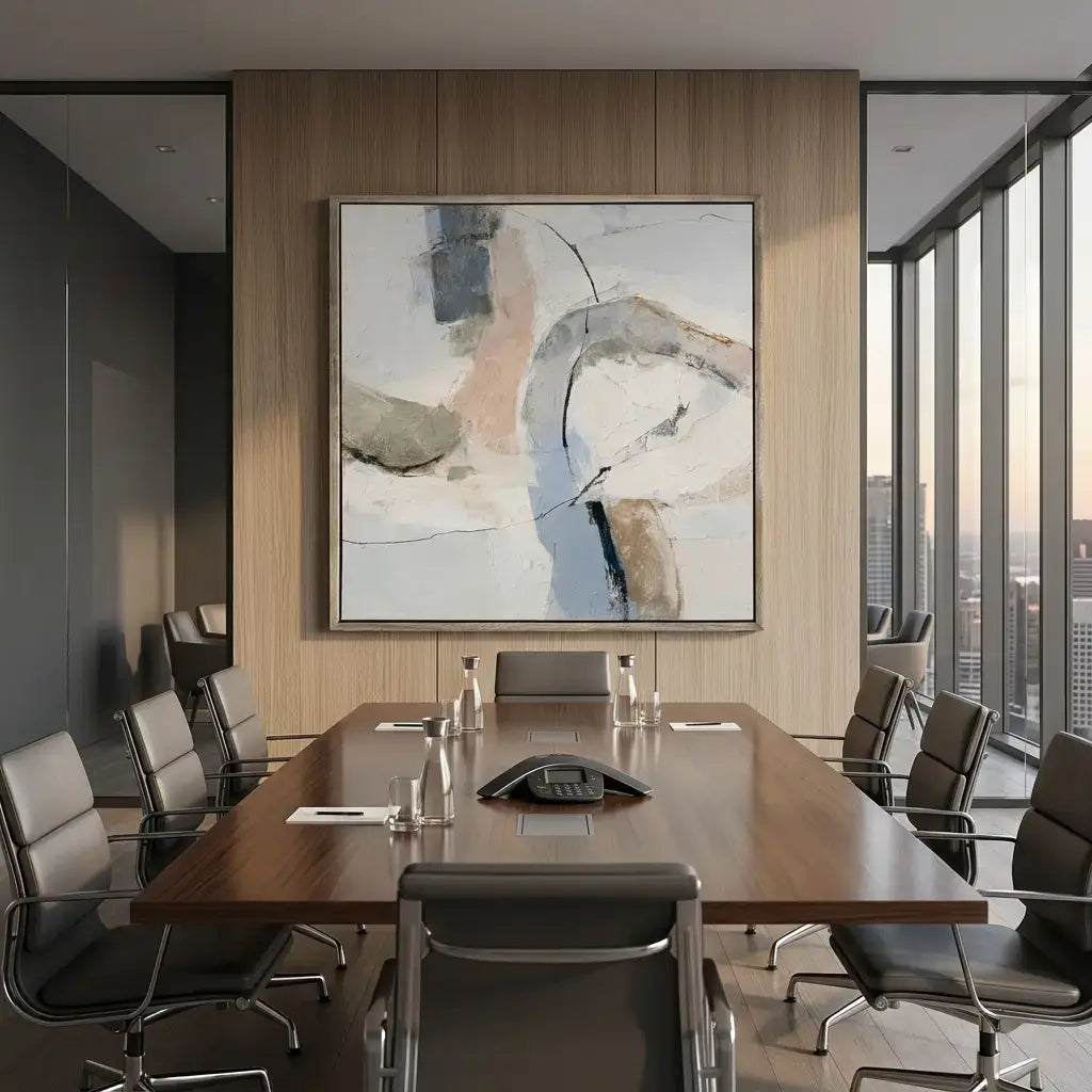 Modern conference room with a large abstract painting on the wall.