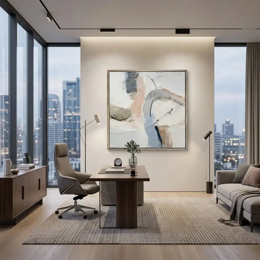 Modern living room with a desk, chair, and abstract painting on a wall.