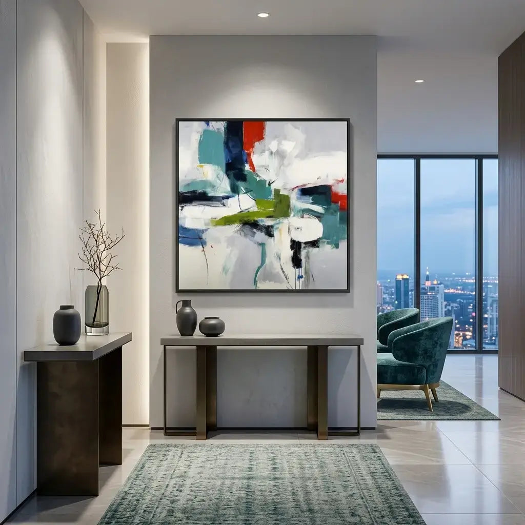 Modern interior with abstract art, furniture, and city view