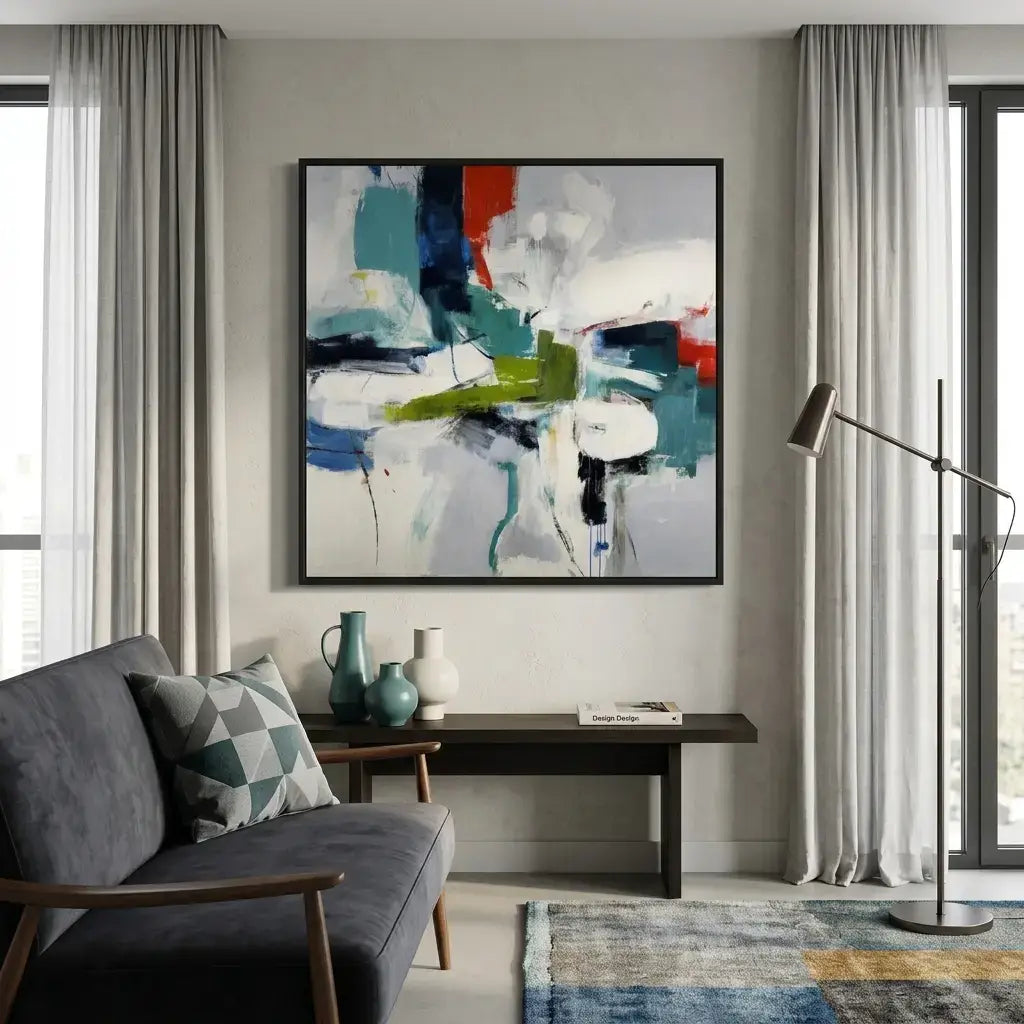 Modern living room with abstract art, gray sofa, and decorative items.