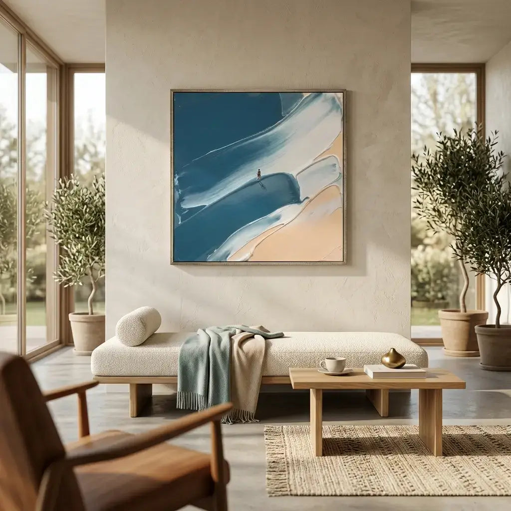 Modern living room with a large abstract painting on the wall, a sofa, and decorative elements.