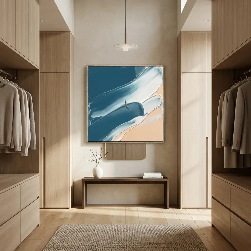 Modern walk-in closet with wooden cabinets, a television mounted on the wall, and a rug on the floor.