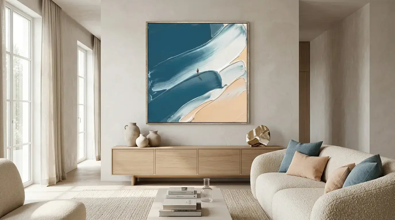 Modern living room with abstract art on the wall
