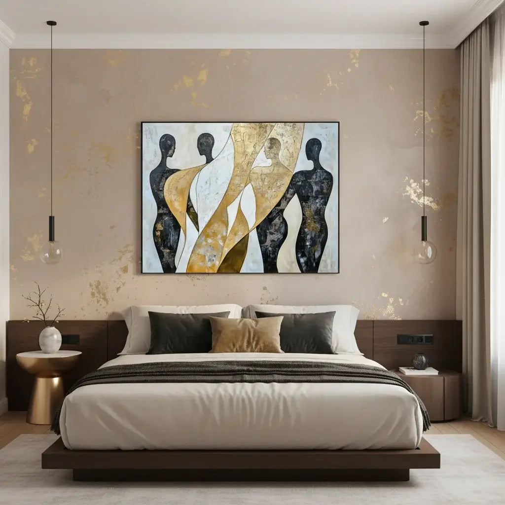 Modern bedroom with a bed, abstract art on the wall, and decorative elements.