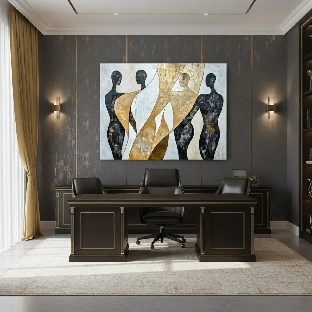 Modern office interior with a large desk and abstract painting on the wall.