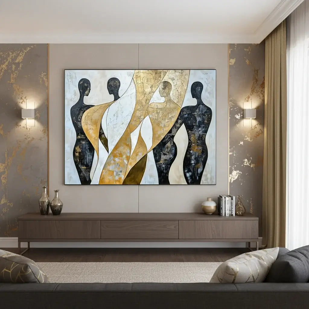 Modern living room with abstract art on the wall and decorative elements.