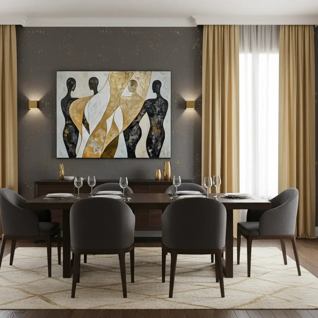 Dining room with a modern painting on the wall, wooden table, and gray chairs.