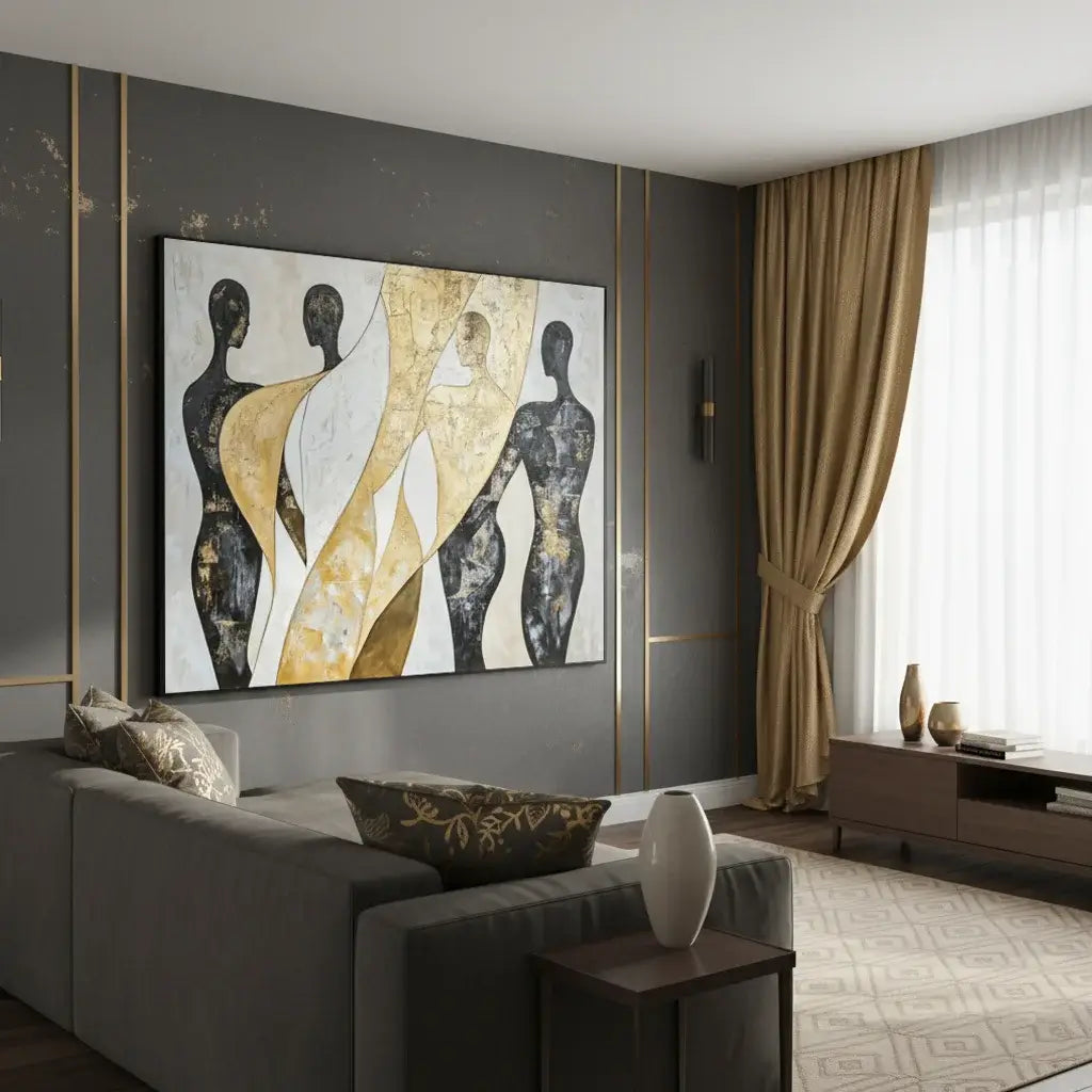 Modern living room with abstract art on the wall, gray sofa, and decorative elements.