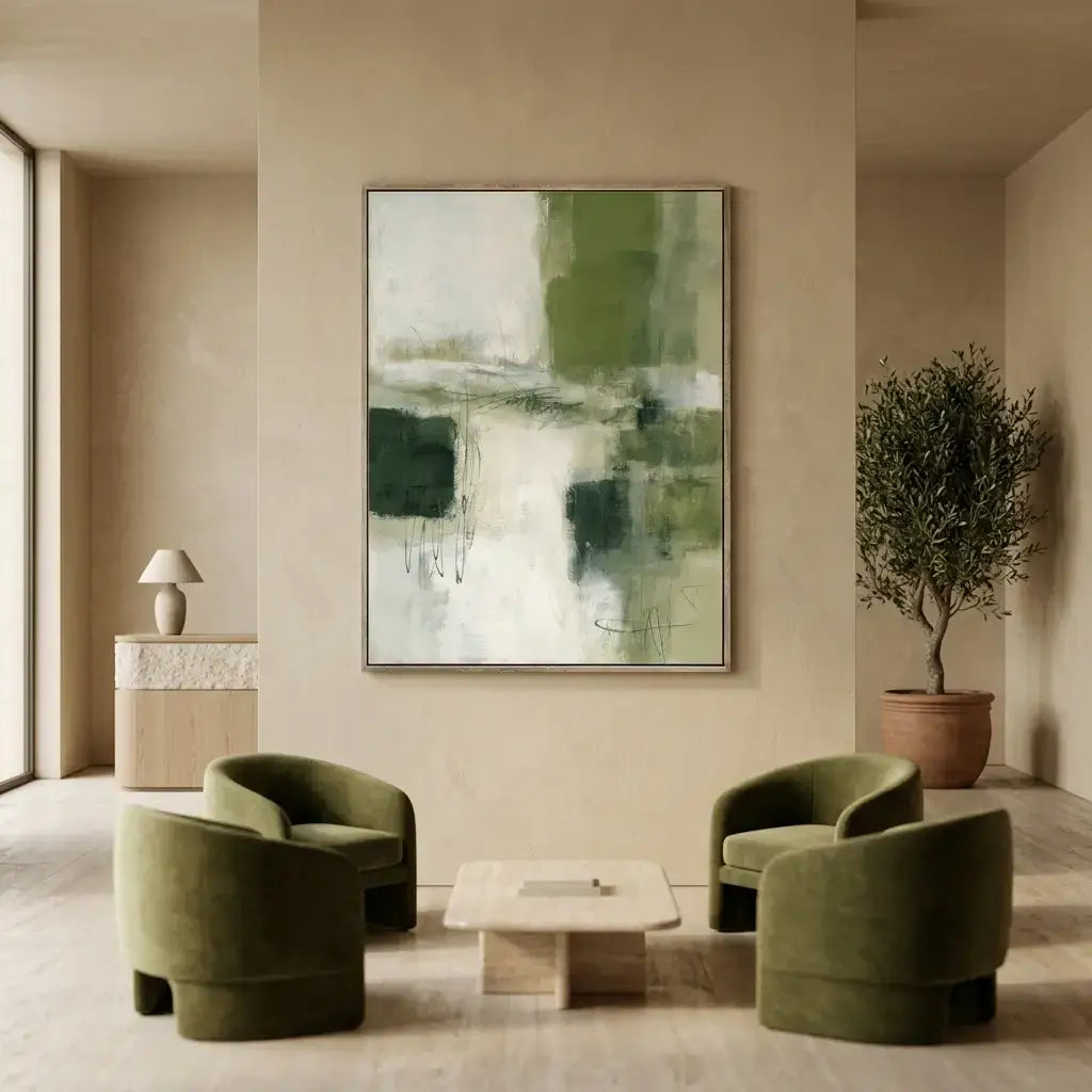 Modern living room with green chairs, a coffee table, and abstract art on the wall.