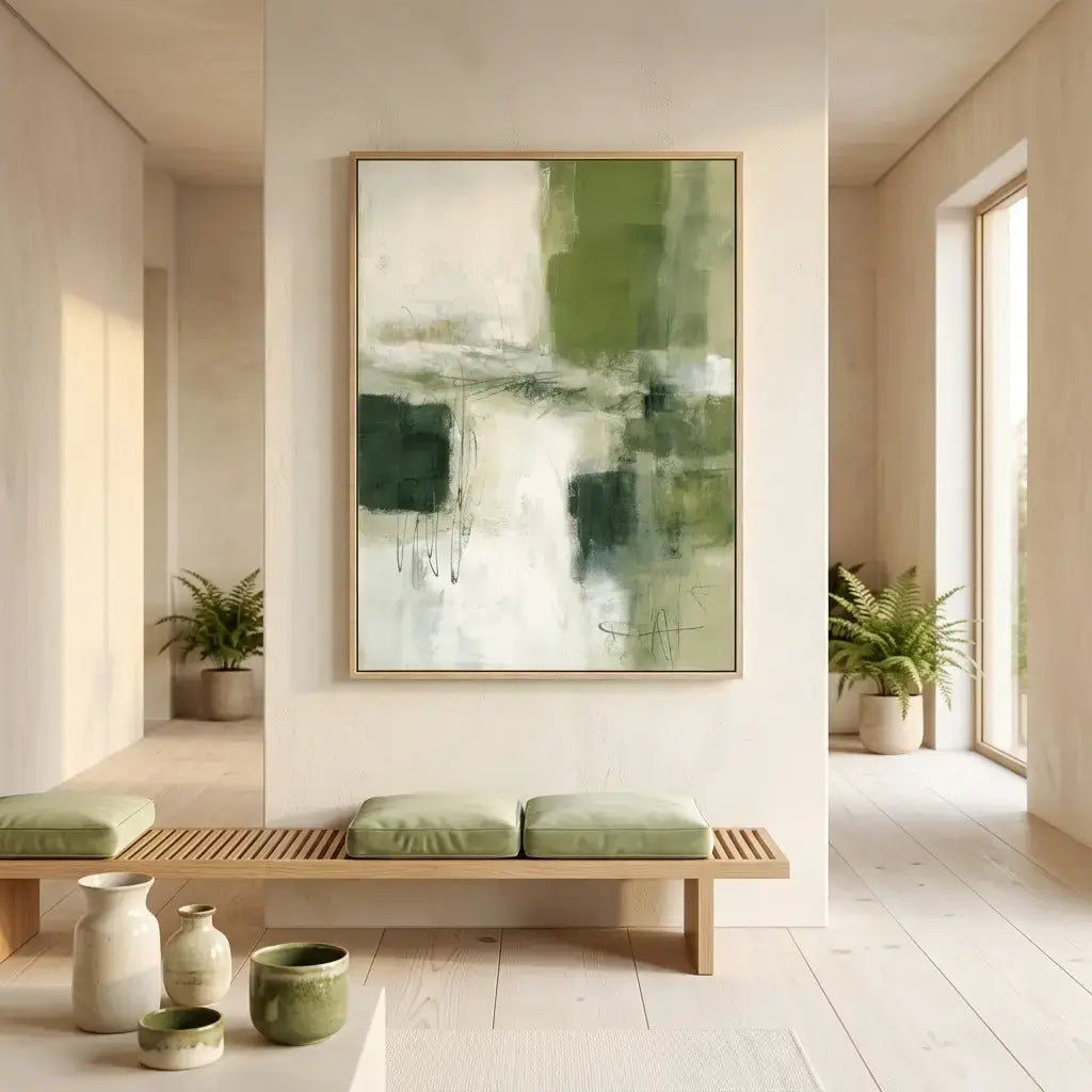Modern interior with abstract green painting, wooden bench, and decorative vases.