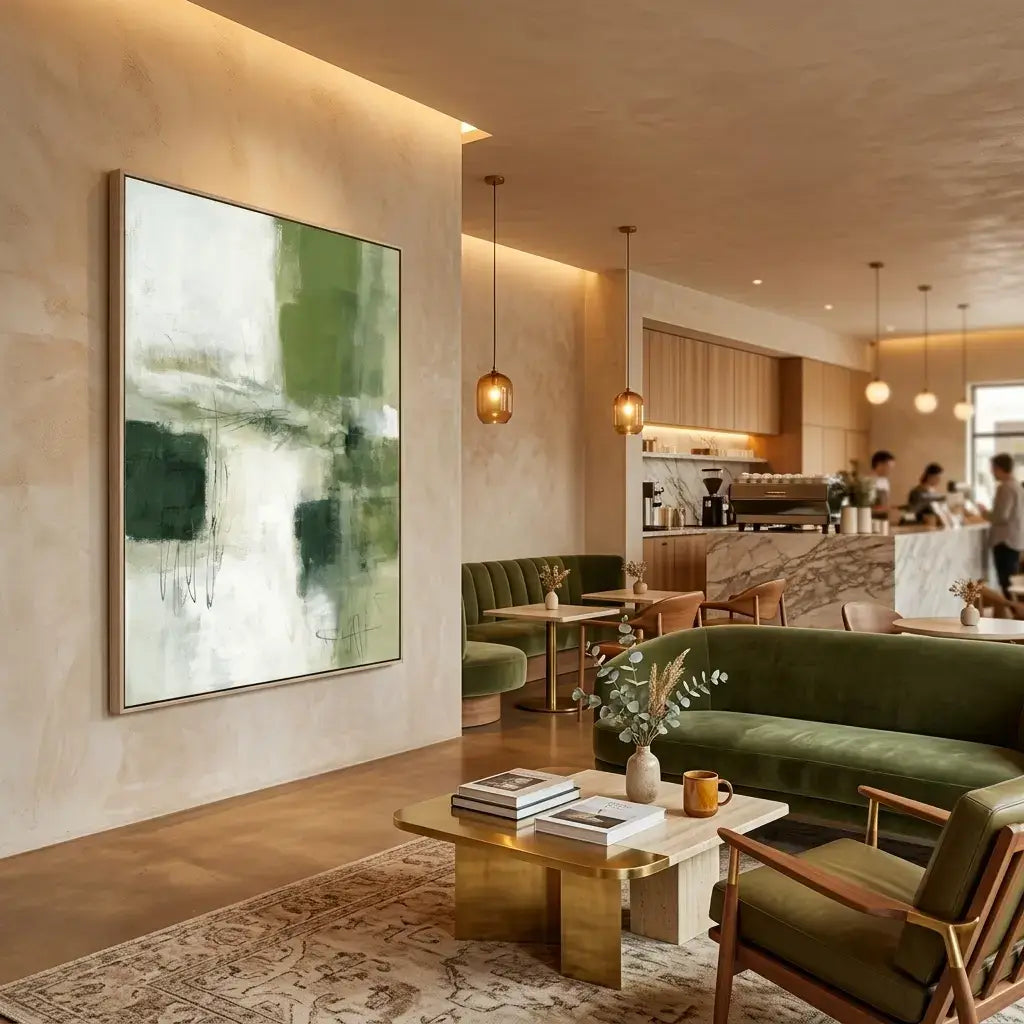 Modern living room with green abstract painting, green sofa, and wooden coffee table.