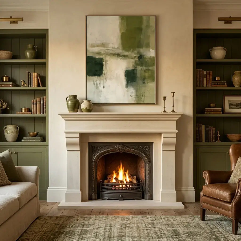 Living room with a fireplace, bookshelves, and abstract art