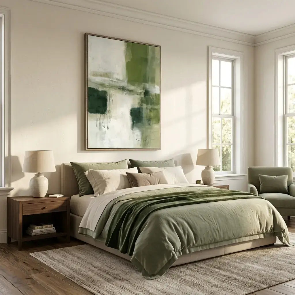 Modern bedroom with green bedding and abstract art on the wall