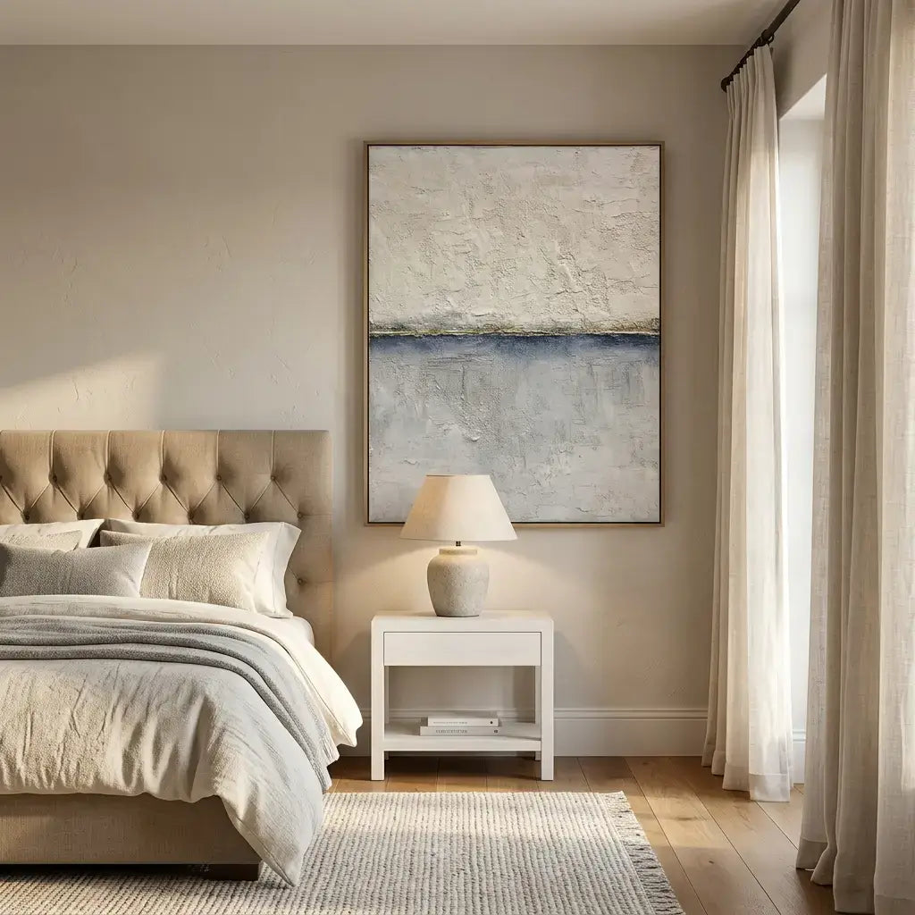 Modern bedroom with a bed, nightstand, lamp, and abstract painting on the wall.