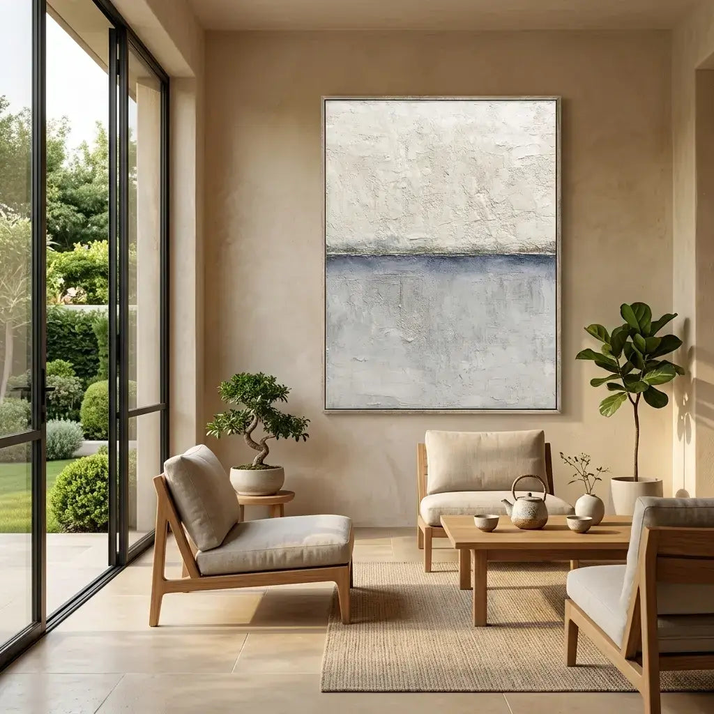Modern living room with neutral tones, wooden furniture, and a large abstract painting.