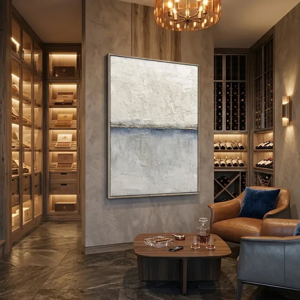 Modern wine cellar with shelves, a painting, and a couch.