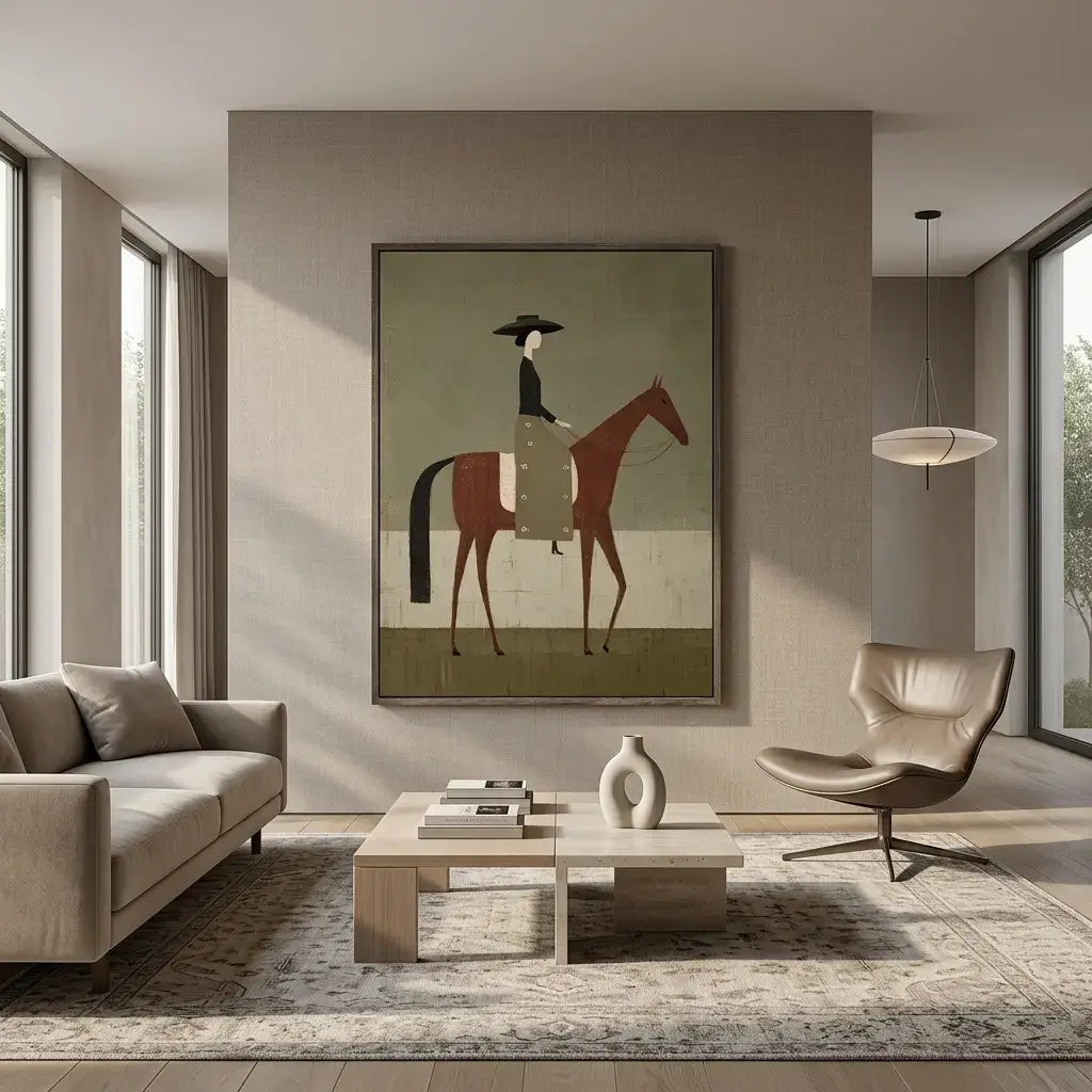 Modern living room with a painting of a person on a horse, a sofa, coffee table, and chair.