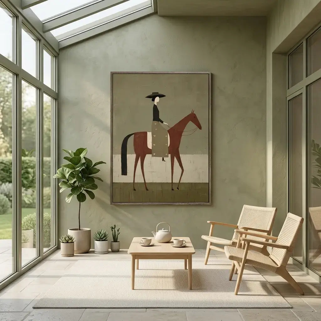 Modern living room with a painting of a person on a horse, wicker chairs, and a wooden coffee table.