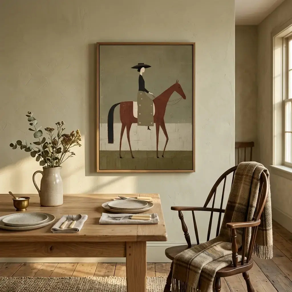Dining room with wooden table, chair, and framed artwork of a person on a horse.