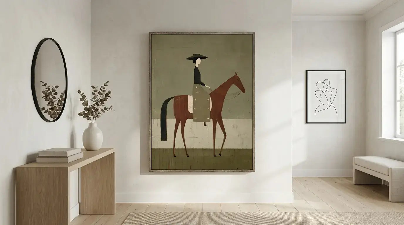 Room interior with a large framed painting of a person on a horse, a small table with a vase, and another framed artwork on the wall.