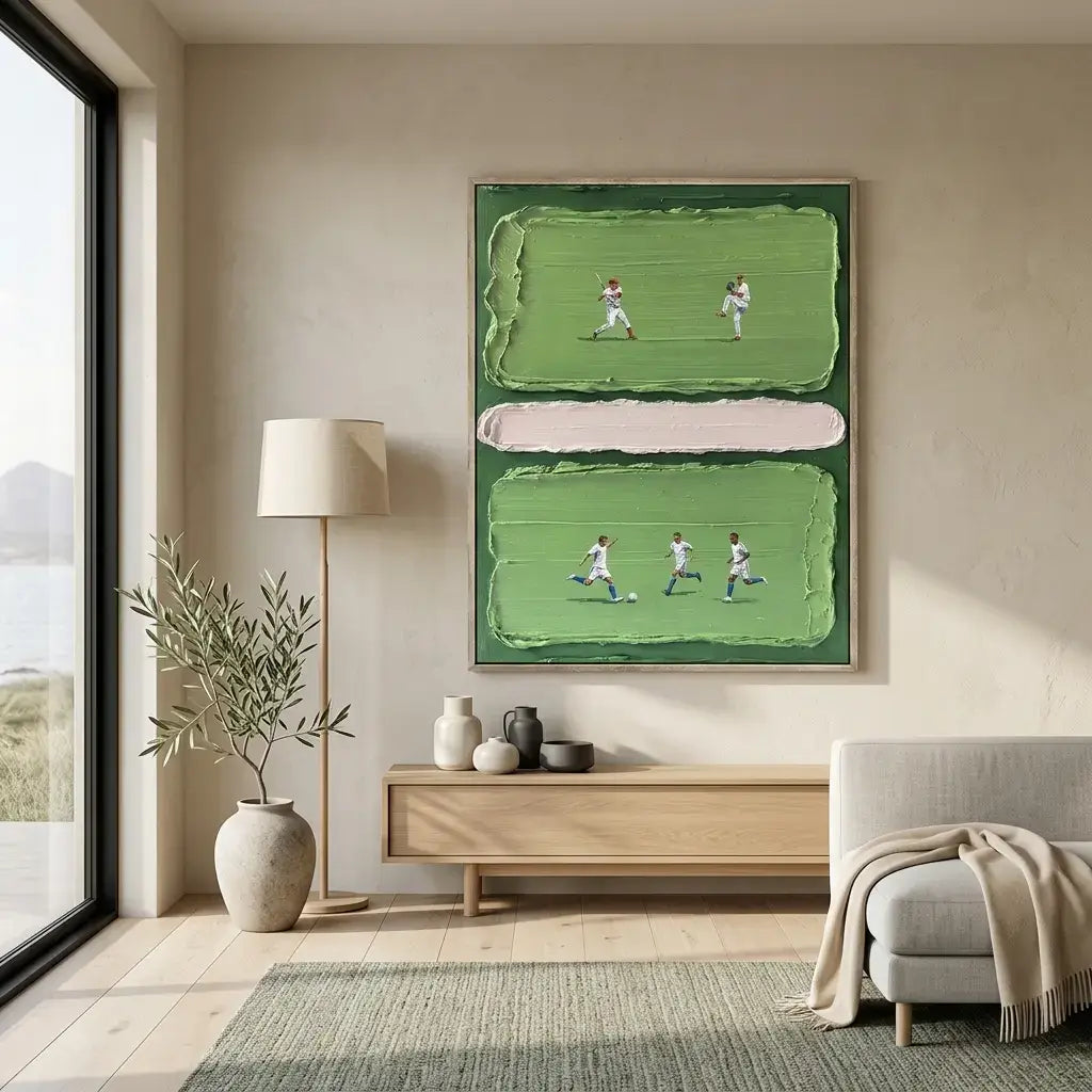 Living room with a painting of a cricket match on the wall