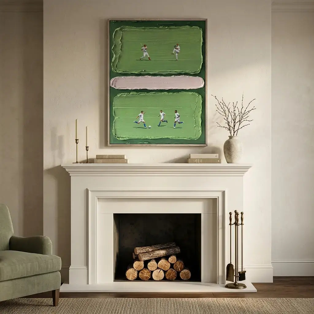 Living room with a fireplace, green artwork above it, and a chair to the left.