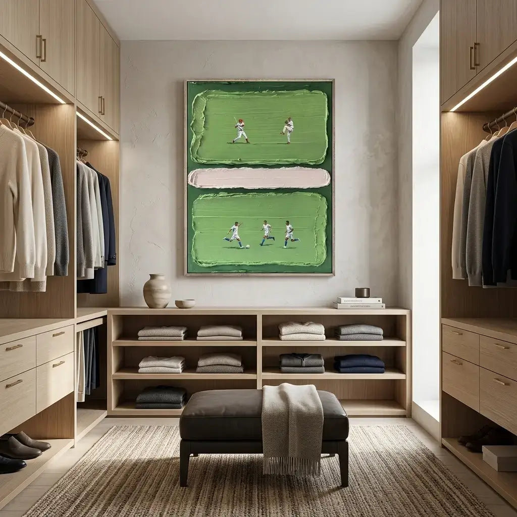 Modern walk-in closet with wooden shelves, clothes, and a sports-themed painting.