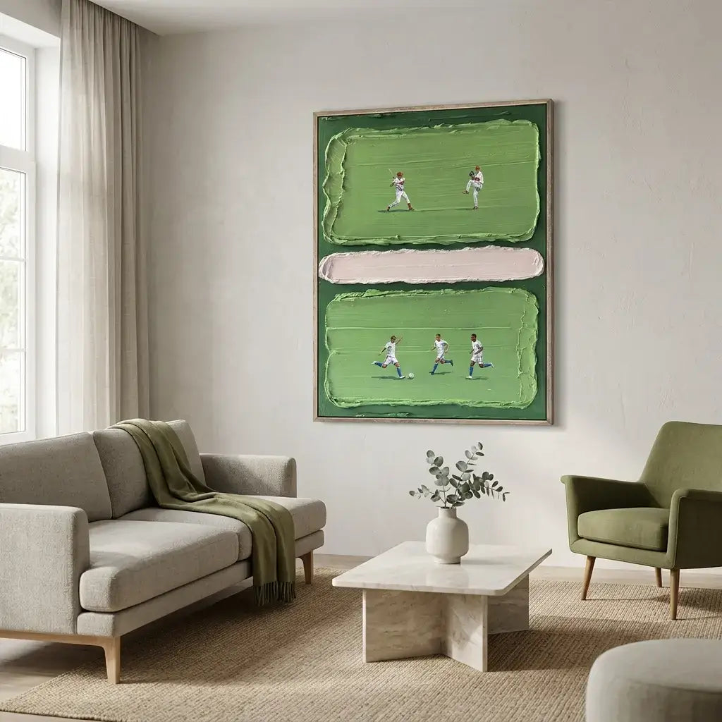 Living room with a gray sofa, green armchair, and a framed artwork of a cricket match on the wall.