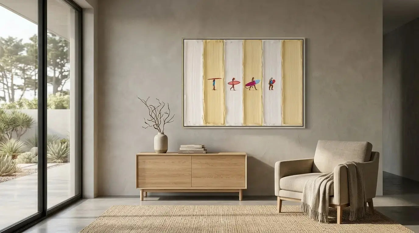 Modern living room with a wooden sideboard, beige armchair, and abstract art on the wall.