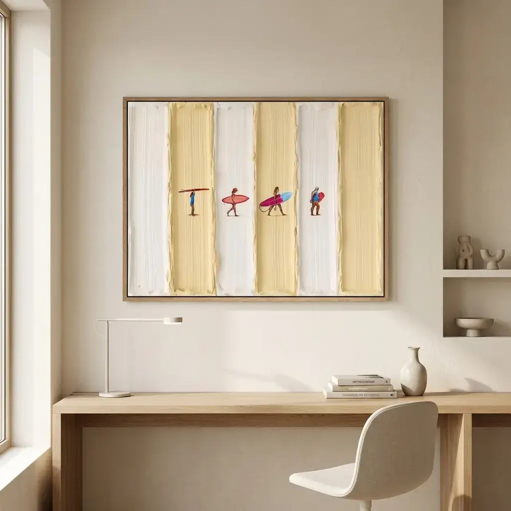 Modern office interior with a desk, chair, and framed artwork on the wall.