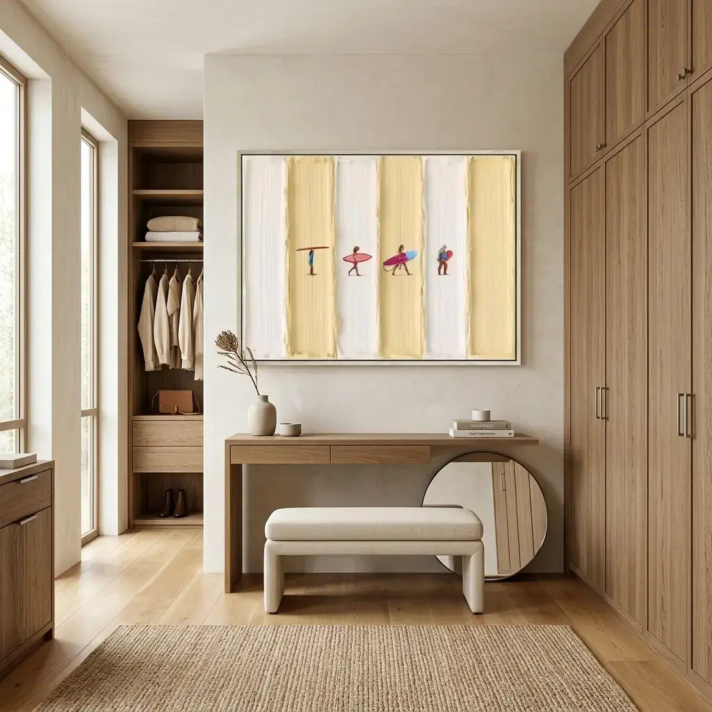 Modern interior with wooden wardrobe, desk, and abstract art on wall