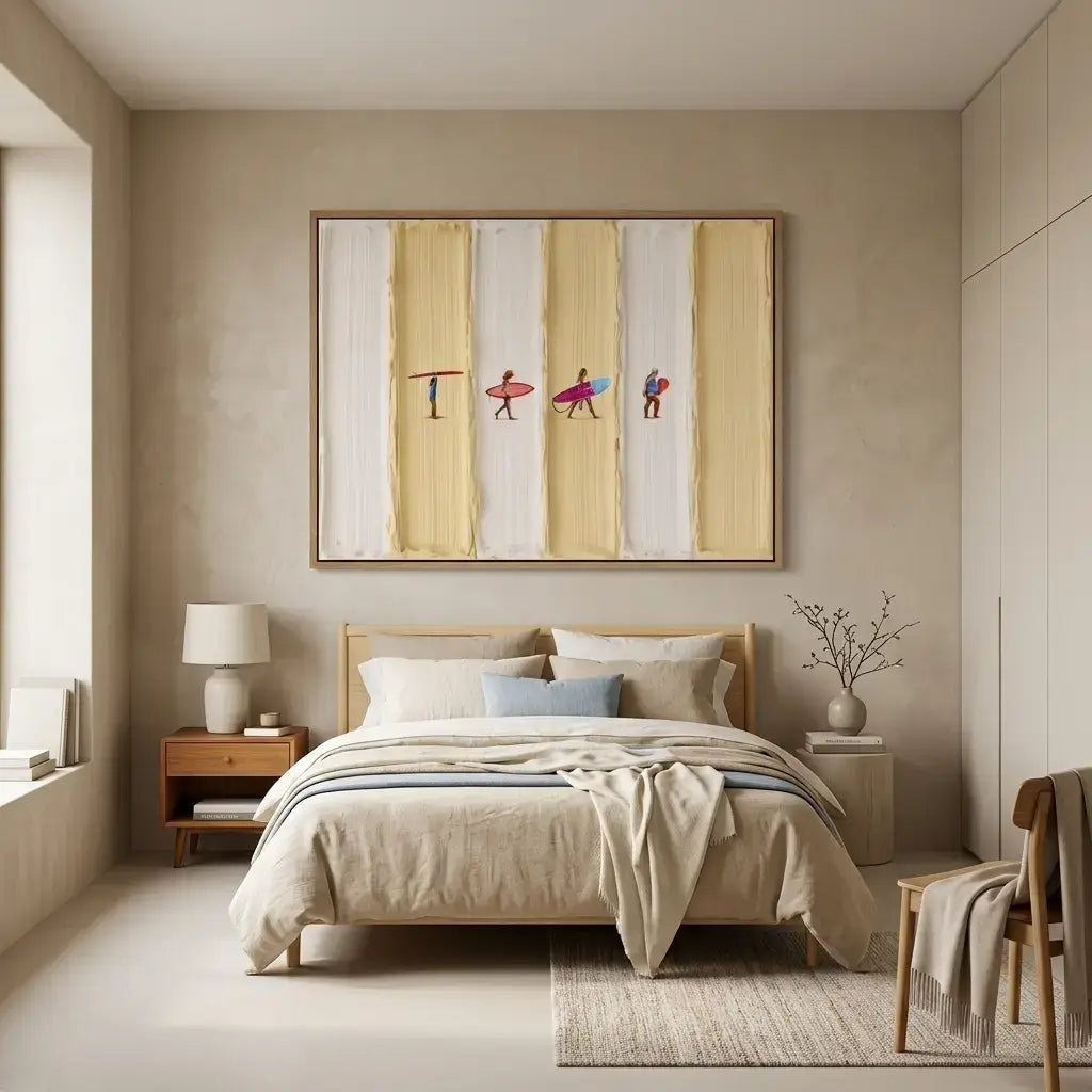 Modern bedroom with a bed, nightstands, and wall art.