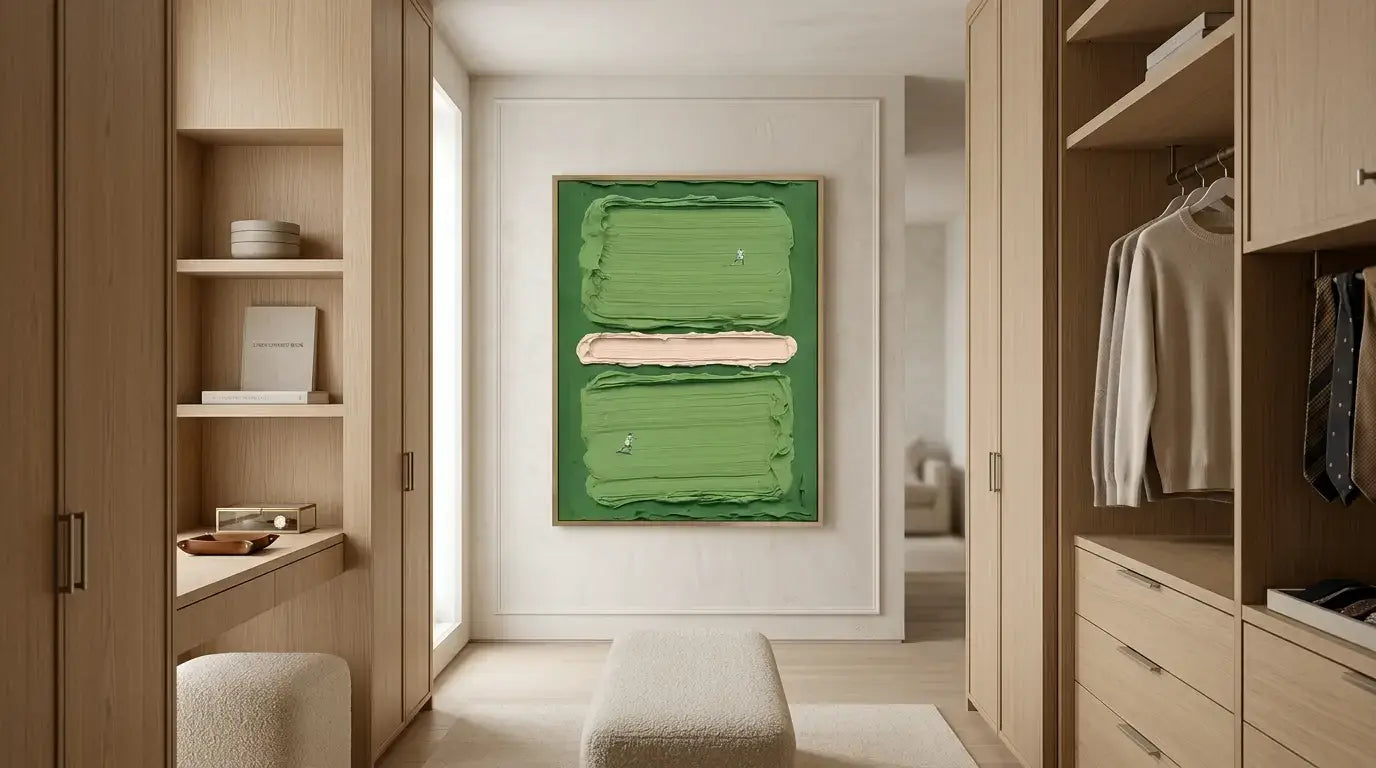 Modern walk-in closet with wooden shelves and a green abstract painting on the wall.