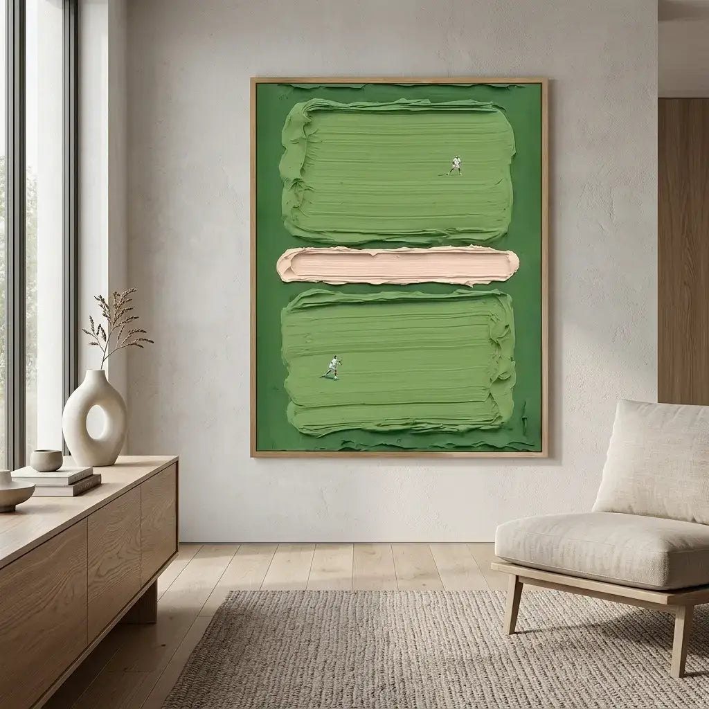 Modern living room with abstract green painting on the wall