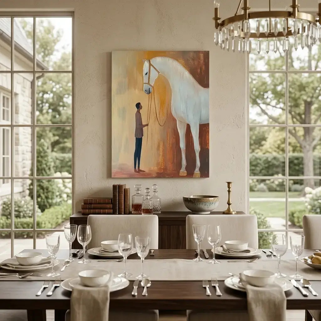 Dining room with a table set for a meal, a painting of a man and horse on the wall, and large windows with outdoor view.