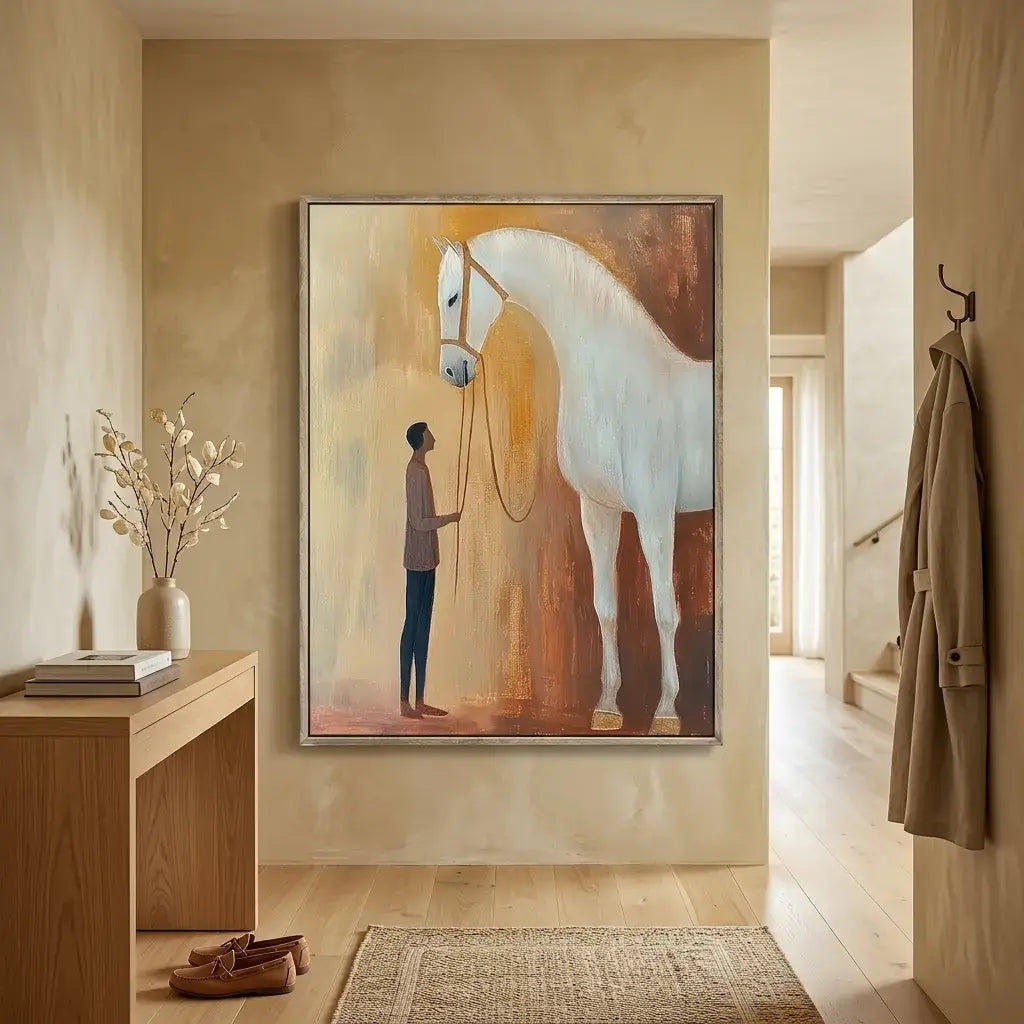 Framed artwork of a person with a horse on a beige wall in a home setting.